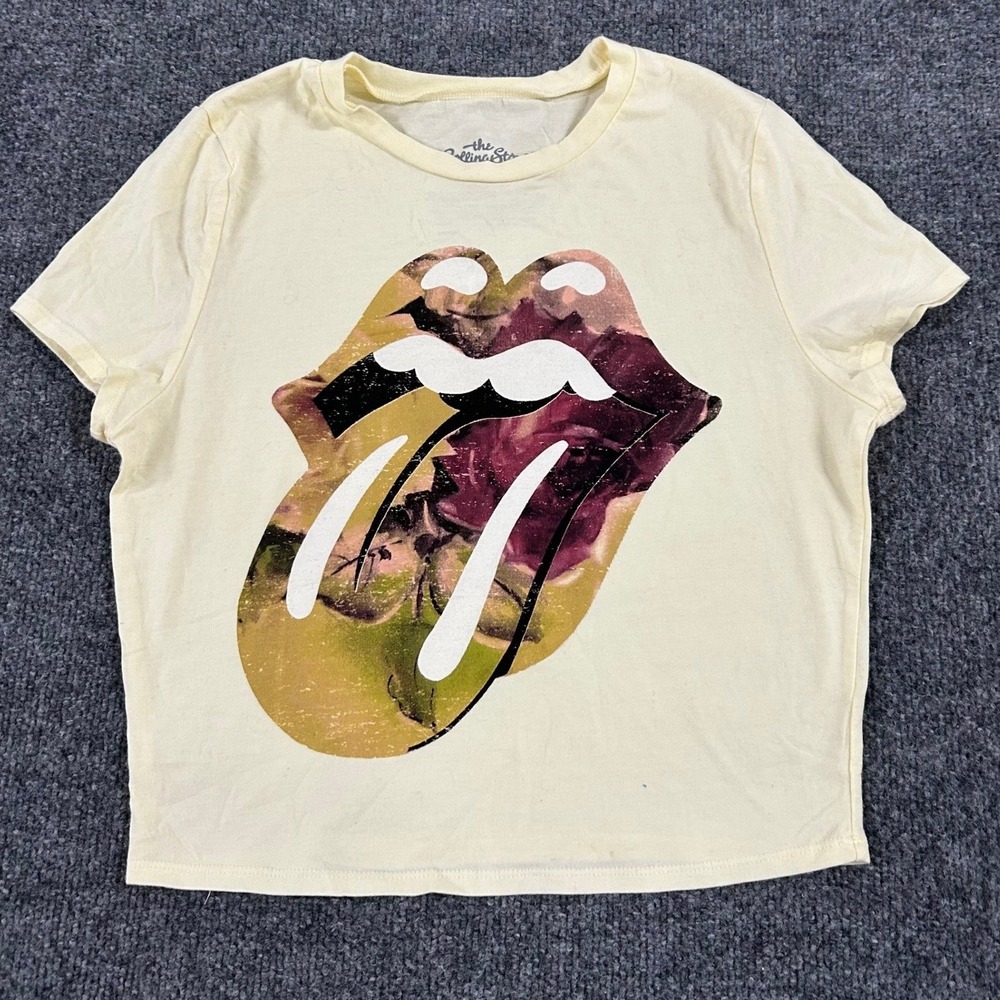 The Rolling Stones Crop Top Womens Size L Yellow Floral Tongue Logo Graphic Tee